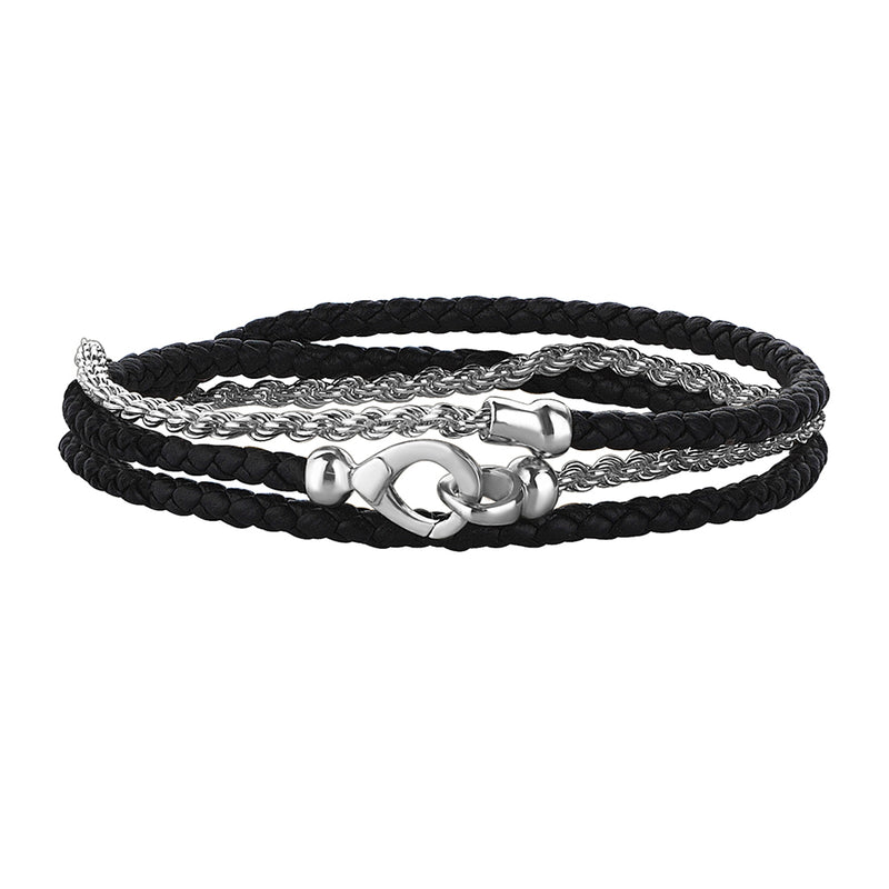 Rope Chain Leather Bracelet - Black & Real White Gold