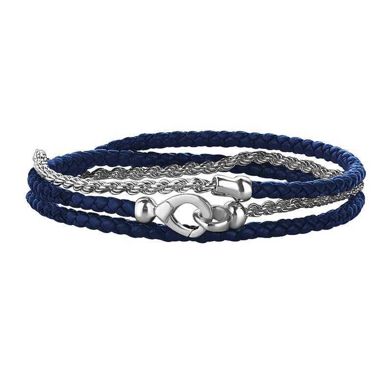 Men's Blue Leather and Rope Chain Bracelet in Solid Silver