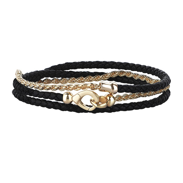 Rope Chain Leather Bracelet - Black & Real Yellow Gold