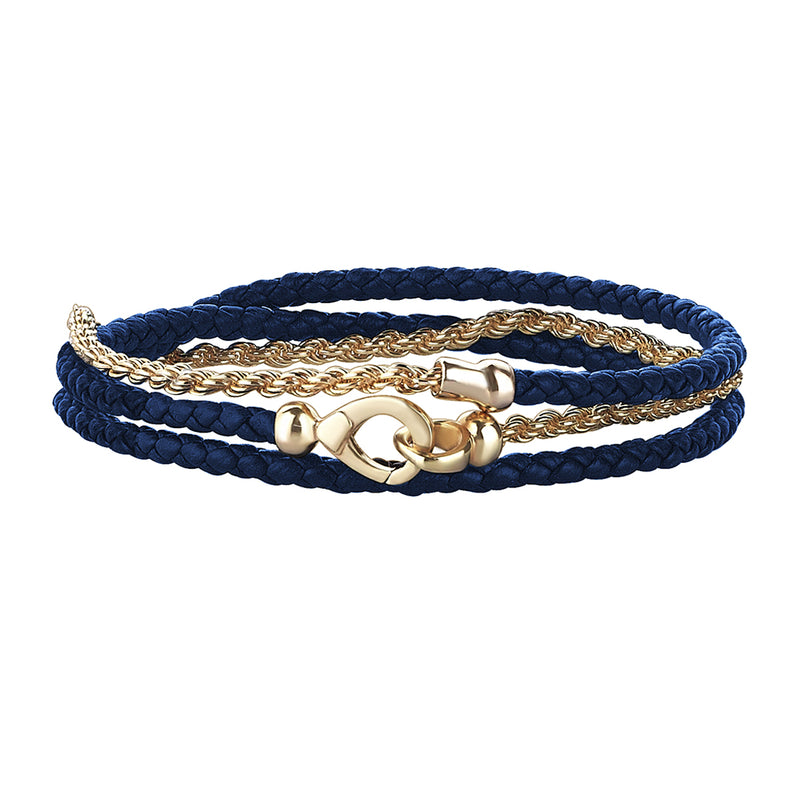 Men's Blue Leather and Rope Chain Bracelet in Solid Silver - Yellow Gold