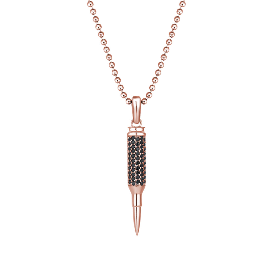 Men's Solid Rose Gold Bullet Pendant Paved with Black Diamonds