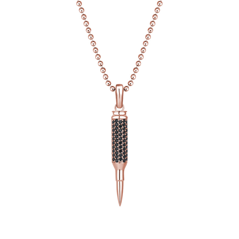 Men's Solid Rose Gold Bullet Pendant Paved with Black Diamonds