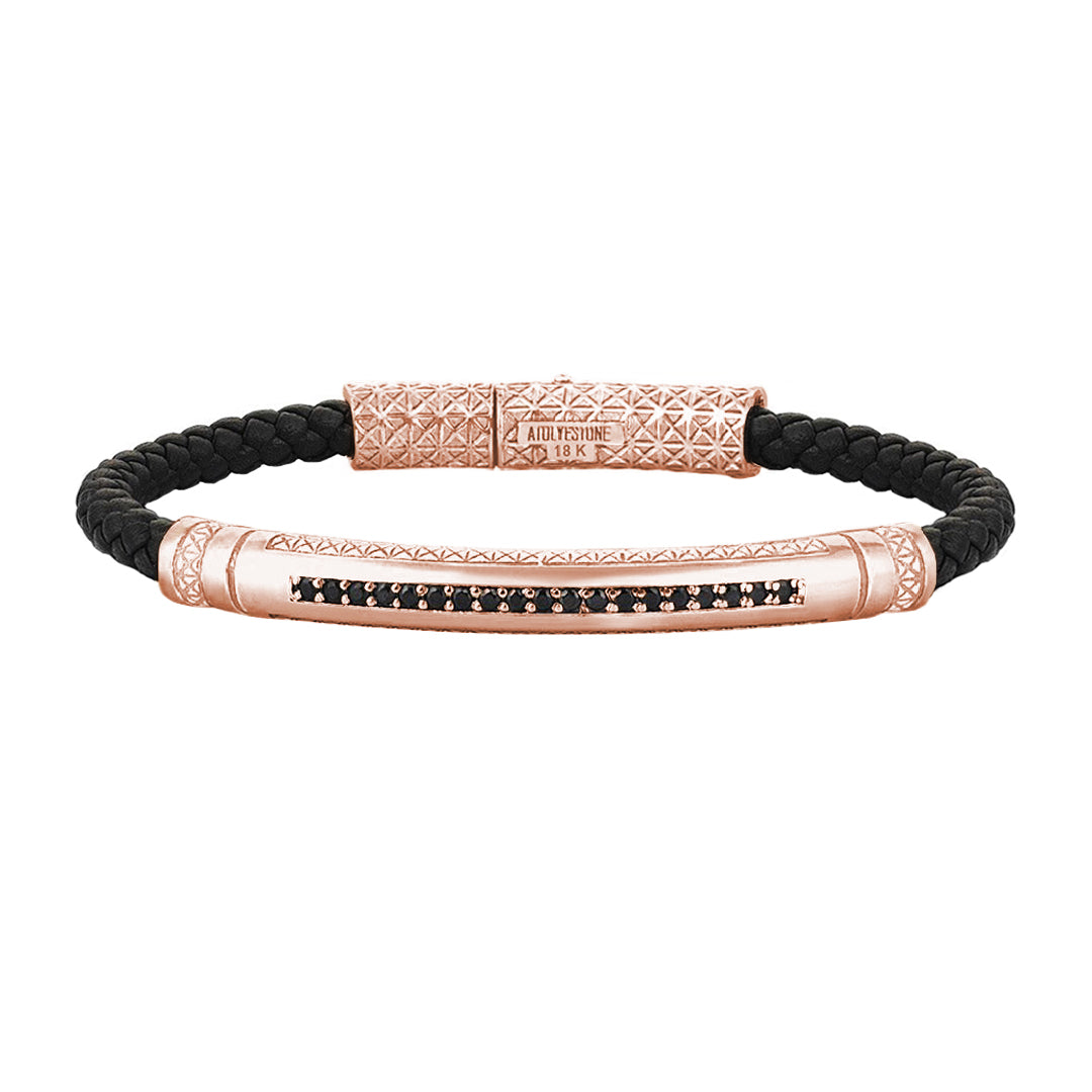 Mens Signature Leather Bracelet - Solid Rose Gold - Black Leather