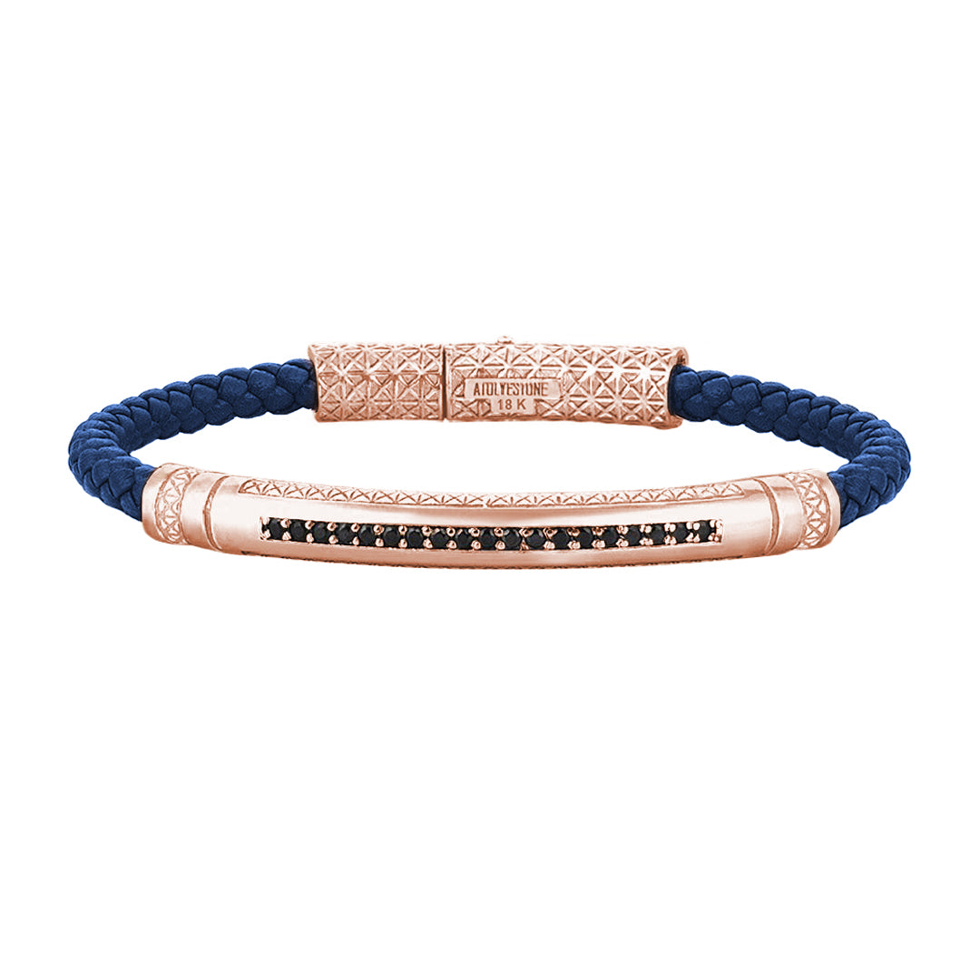 Mens Signature Leather Bracelet - Solid Rose Gold - Blue Leather
