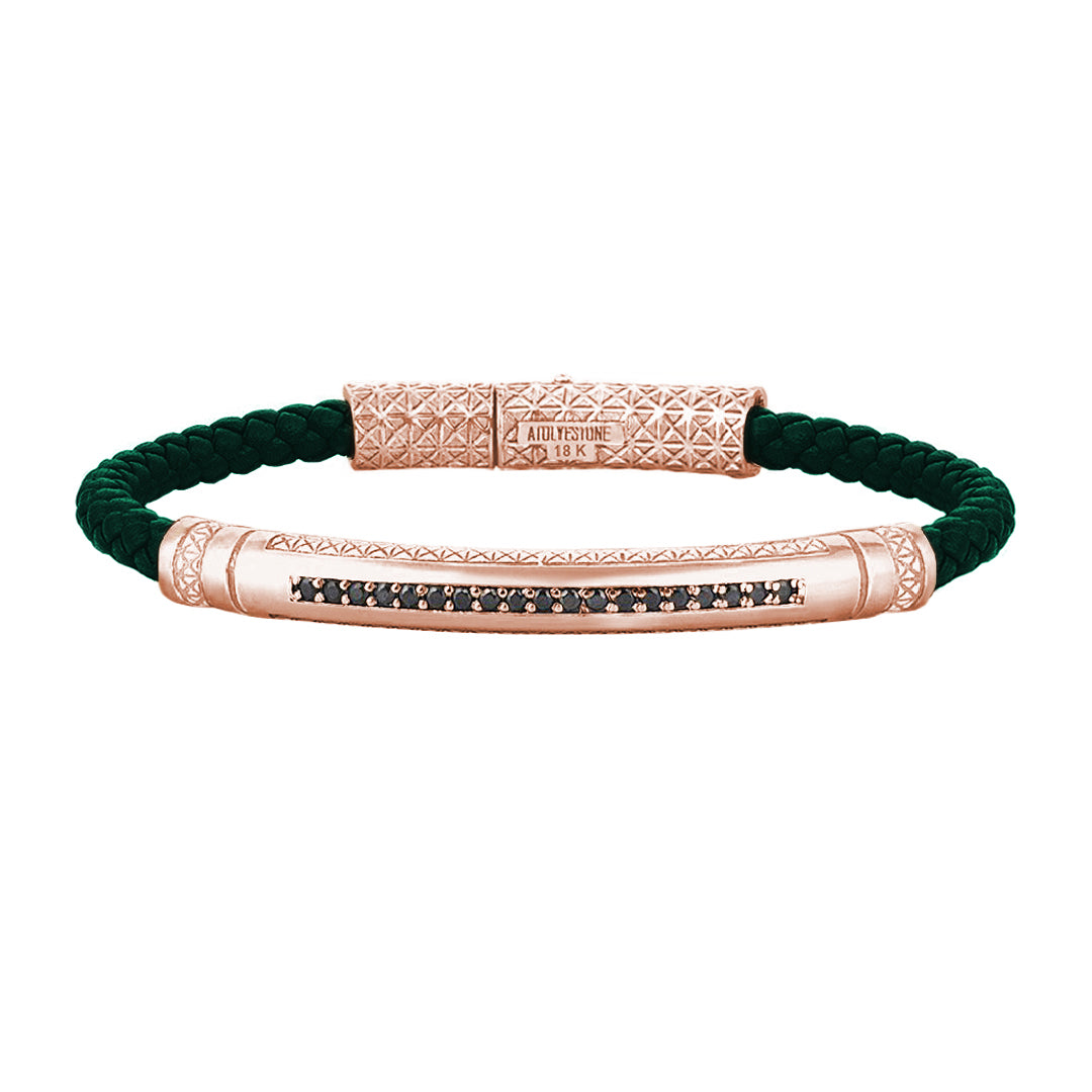 Mens Signature Leather Bracelet - Solid Rose Gold - Dark Green Leather - Black Diamond