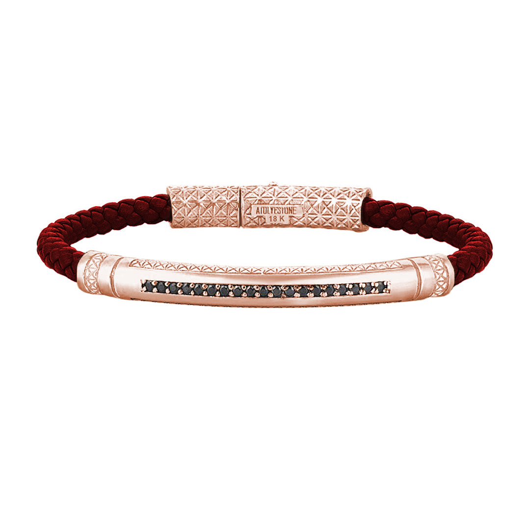 Mens Signature Leather Bracelet - Solid Rose Gold - Dark Red Leather - Black Diamond