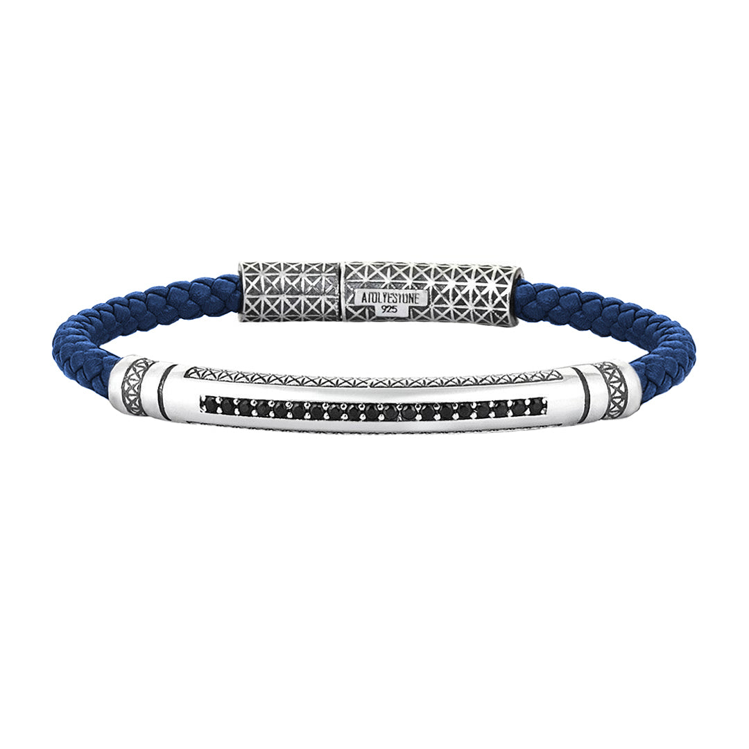 Mens Signature Leather Bracelet - Solid Silver - Blue Leather
