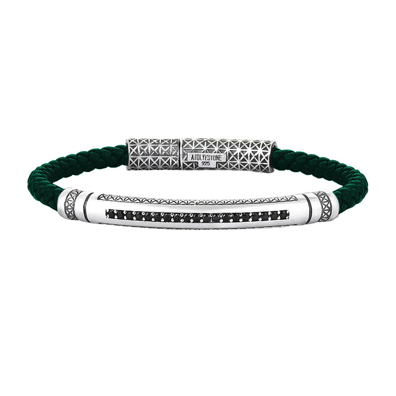 Mens Signature Leather Bracelet - Solid Silver -Dark Green Leather