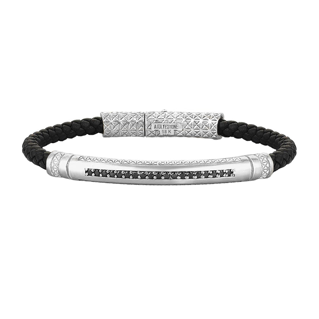 Mens Signature Leather Bracelet - Solid White Gold - Black Leather - Black Diamond