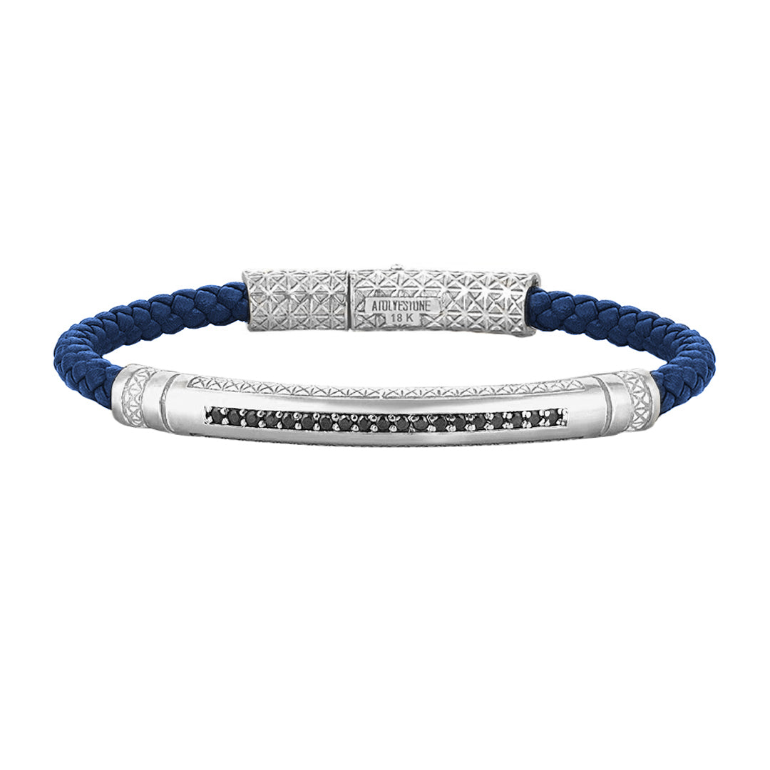 Mens Signature Leather Bracelet - Solid White Gold - Blue Leather - Black Diamond