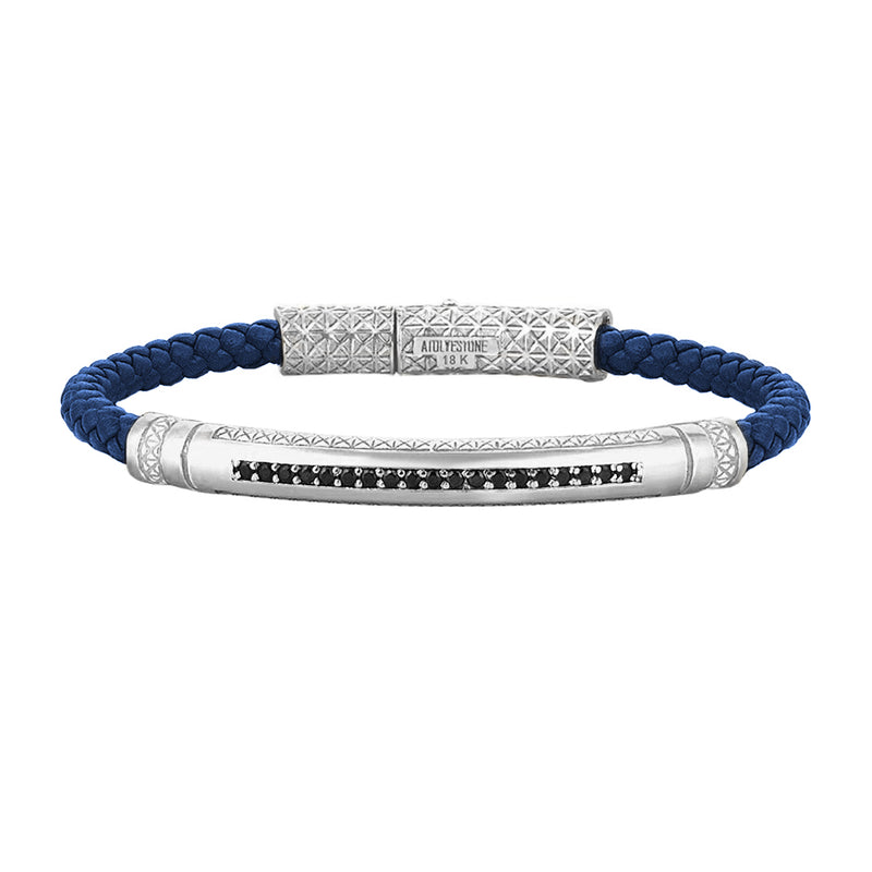 Mens Signature Leather Bracelet - Solid White Gold - Blue Leather - Cubic Zirconia