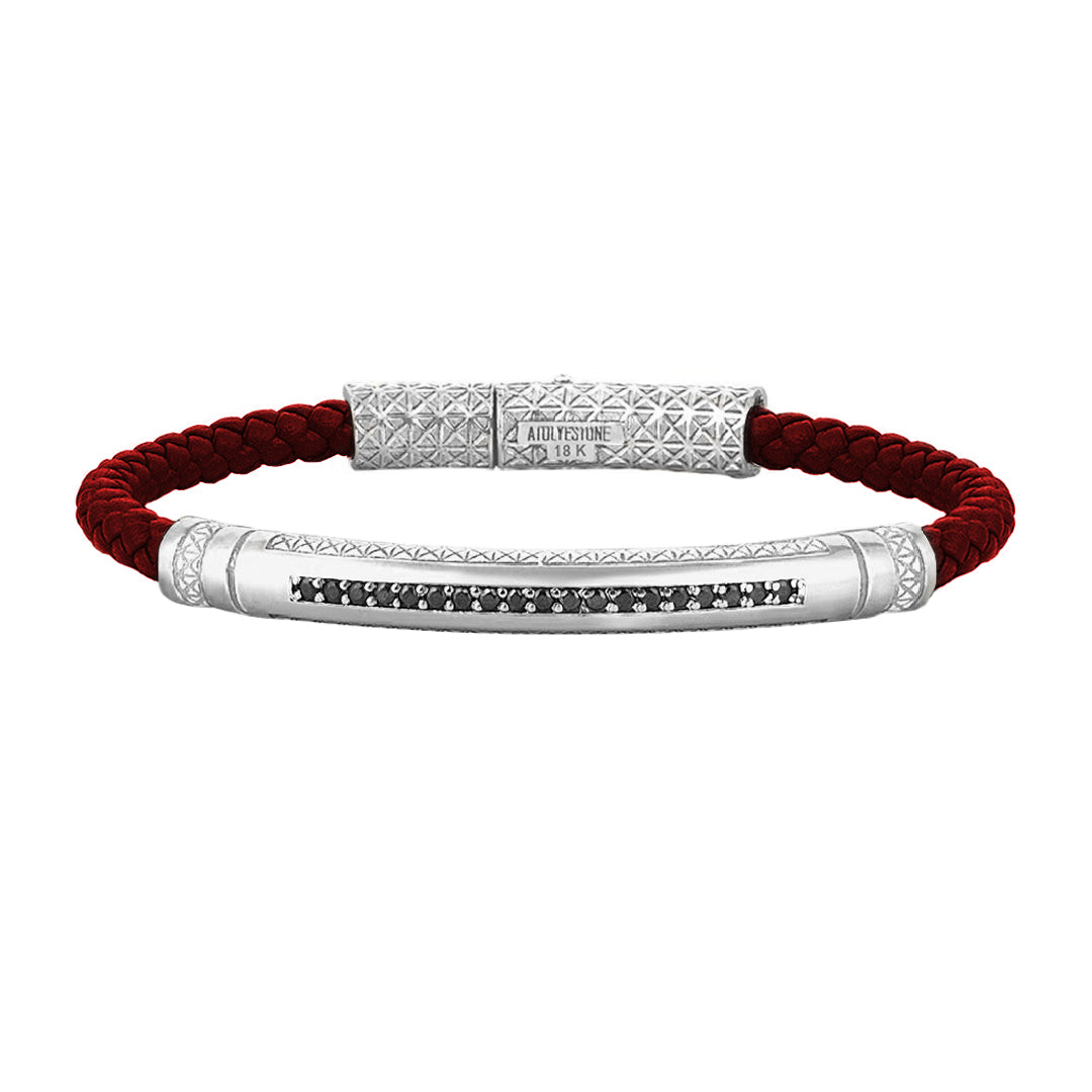 Mens Signature Leather Bracelet - Solid White Gold - Dark Red Leather - Black Diamond