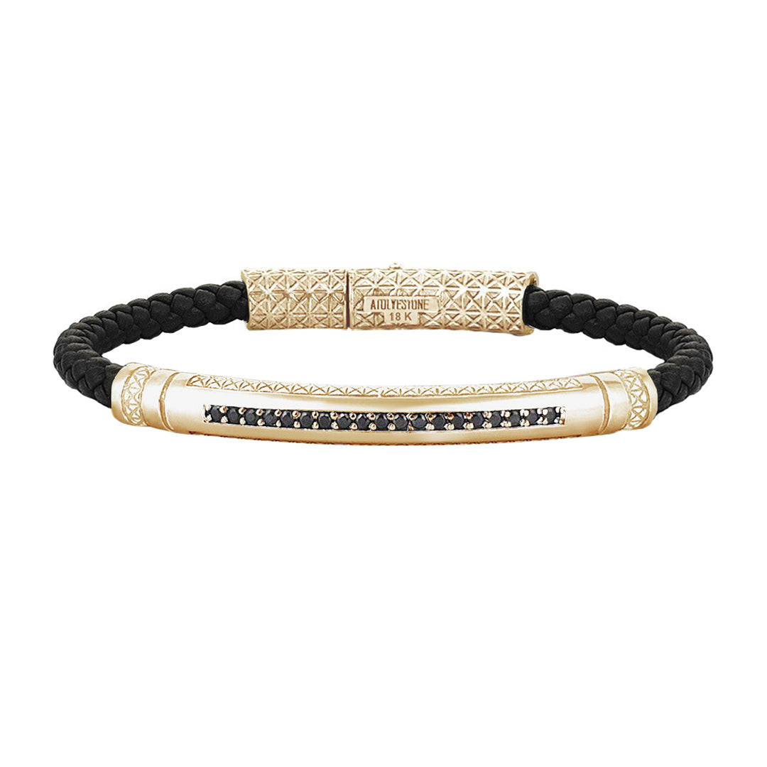 Mens Signature Leather Bracelet - Solid Yellow Gold - Black Leather - Black Diamond