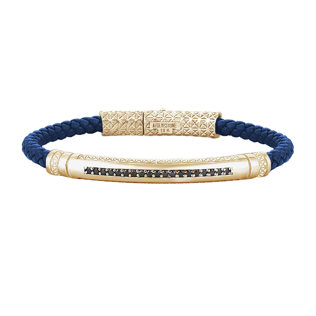 Mens Signature Leather Bracelet - Solid Yellow Gold - Blue Leather - Black Diamond