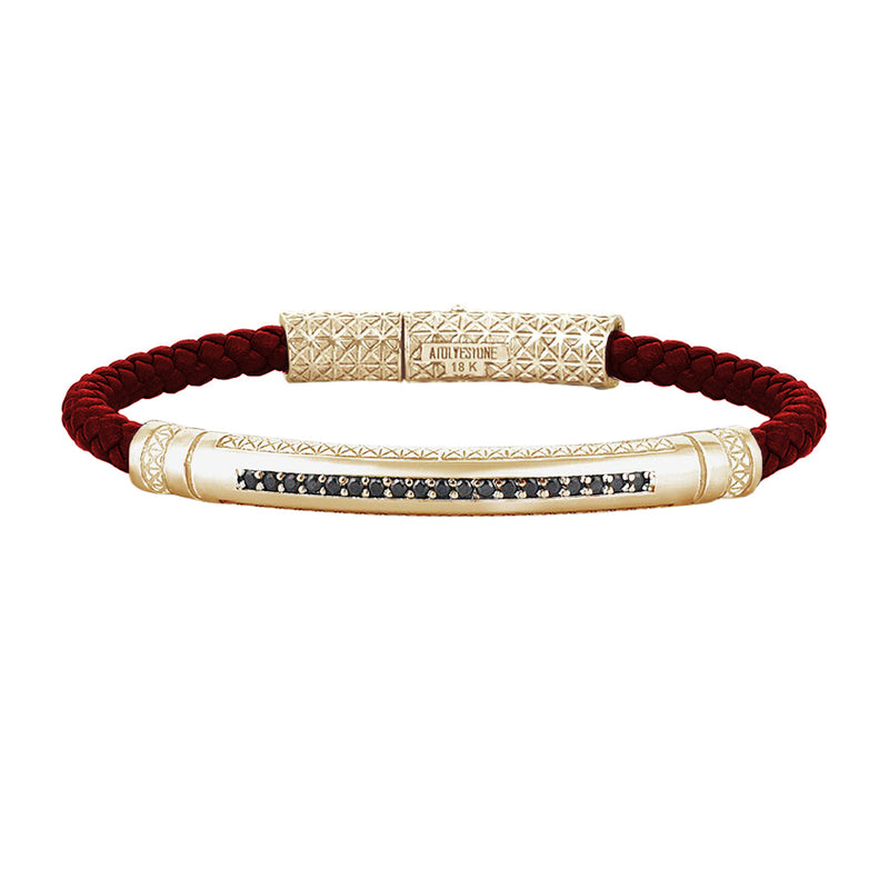 Mens Signature Leather Bracelet - Solid Yellow Gold - Dark Red Leather - Black Diamond
