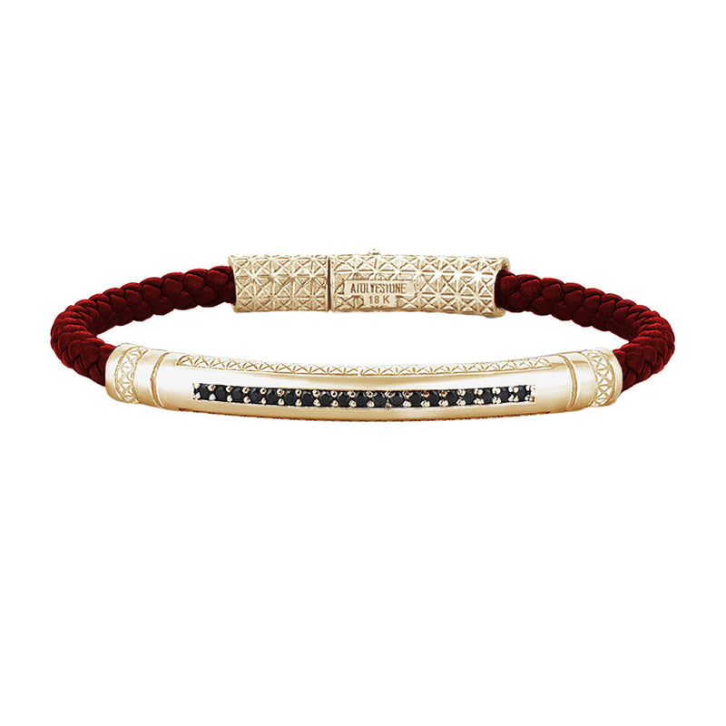 Mens Signature Leather Bracelet - Solid Yellow Gold - Dark Red Leather - Cubic Zirconia
