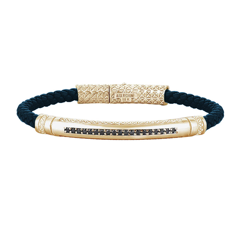 Mens Signature Leather Bracelet - Solid Yellow Gold - Navy Leather - Black Diamond
