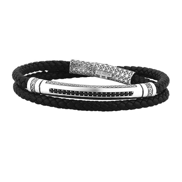 Mens Signature Leather Wrap Bracelet - Solid Silver - Black Leather