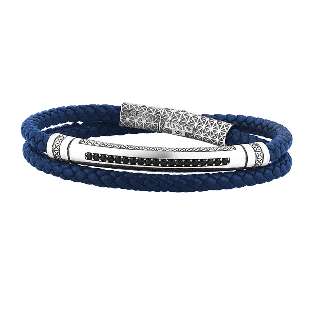 Mens Signature Leather Wrap Bracelet - Solid Silver - Blue Leather