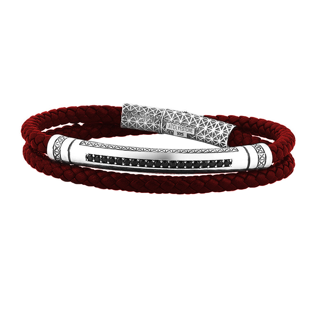 Mens Signature Leather Wrap Bracelet - Solid Silver - Dark Red Leather