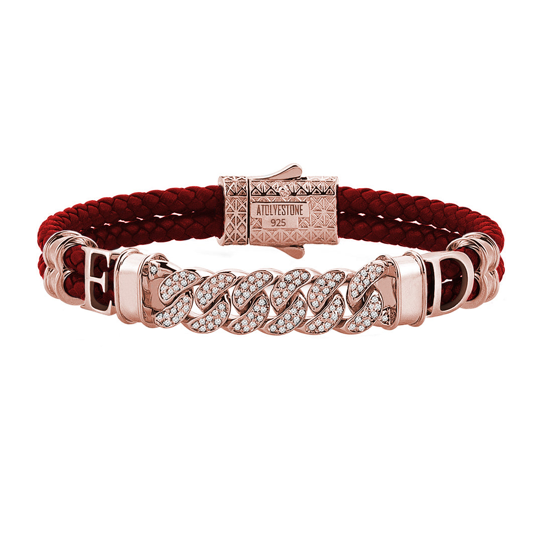 Statements Cuban Links Leather Bracelets - Rose Gold - Dark Red Leather