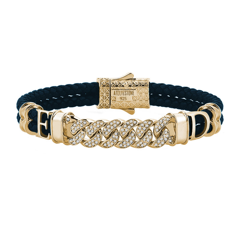 Statements Cuban Links Leather Bracelets - Yellow Gold - Navy Leather