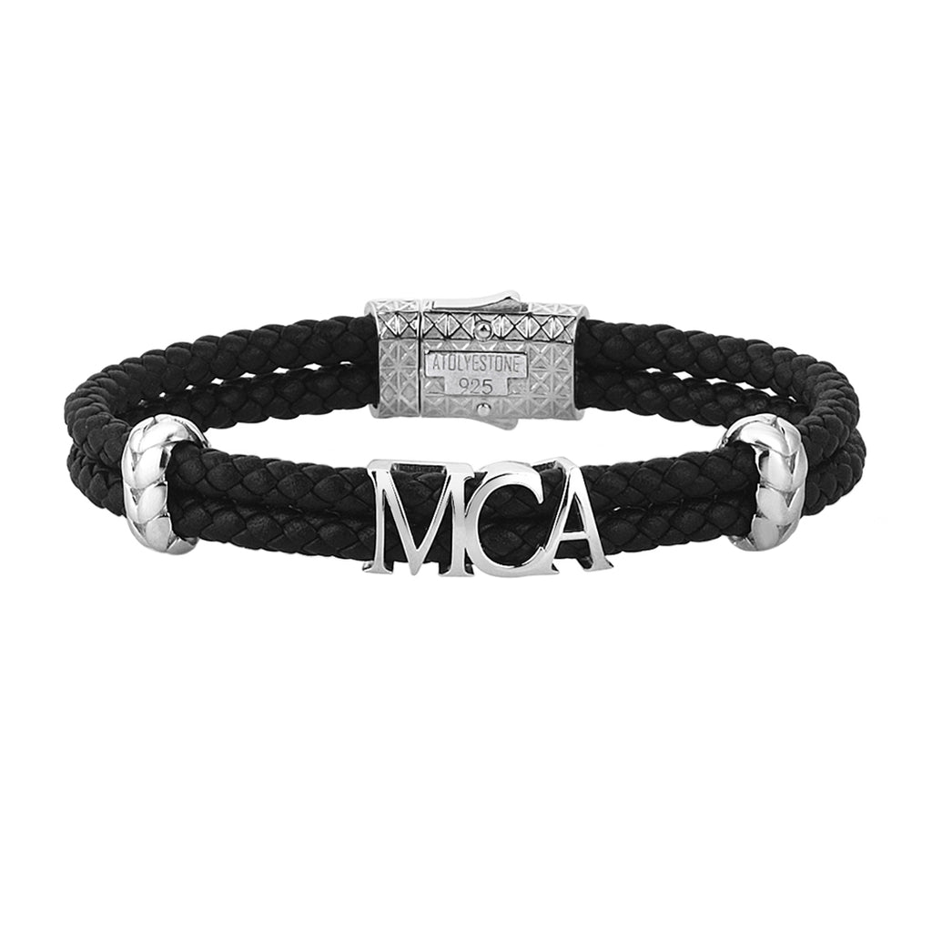 Men's Leather Bracelet with Letters in Silver - Atolyestone