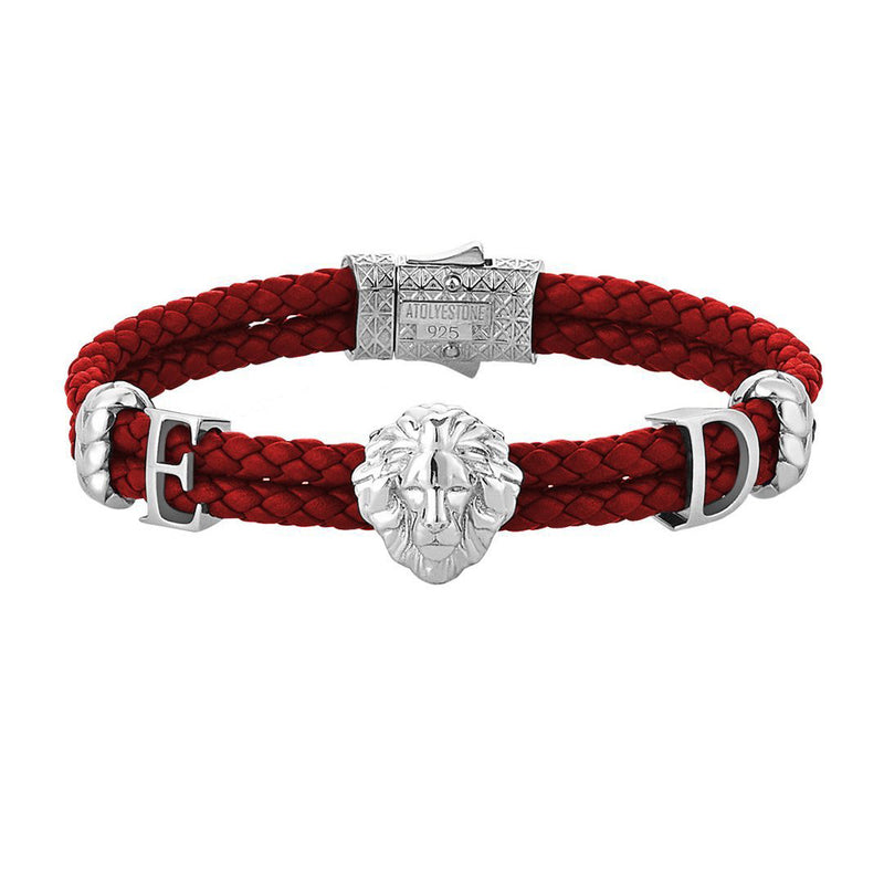 Women’s Personalised Leo Leather Bracelet - Silver - Dark Red Leather