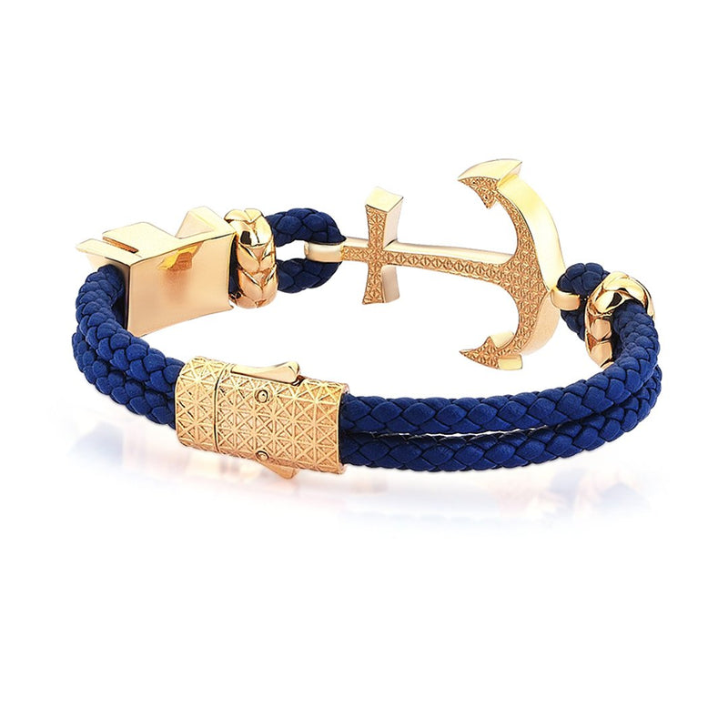 Statements Anchor Leather Bracelet - Yellow Gold - Blue Leather