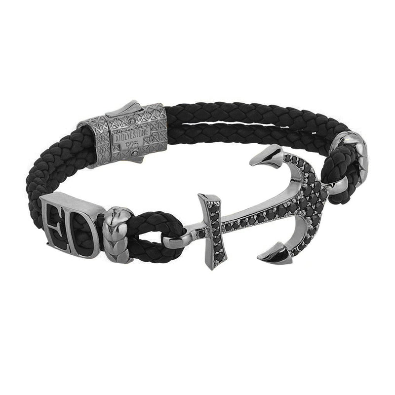 Statements Anchor Leather Bracelet - Gunmetal - Black Leather