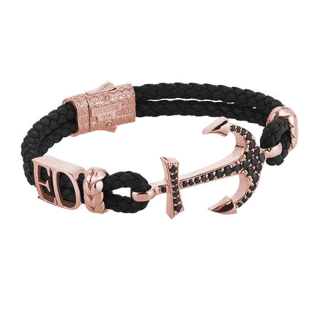 Statements Anchor Leather Bracelet - Rose Gold - Black Leather