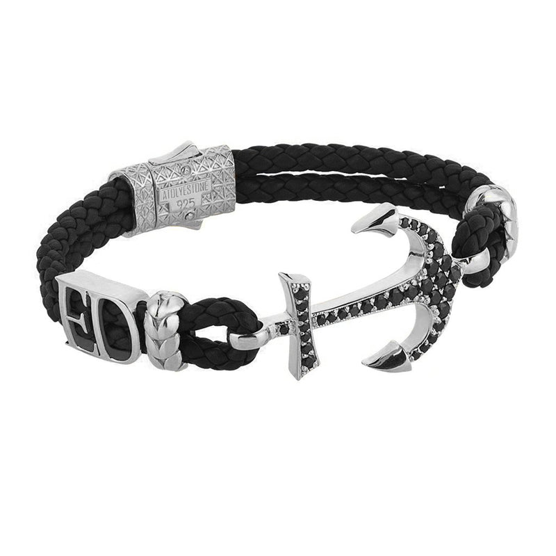 Statements Anchor Leather Bracelet - Silver - Dark Leather
