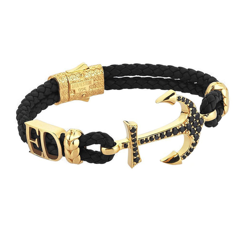 Statements Anchor Leather Bracelet - Yellow Gold - Black Leather
