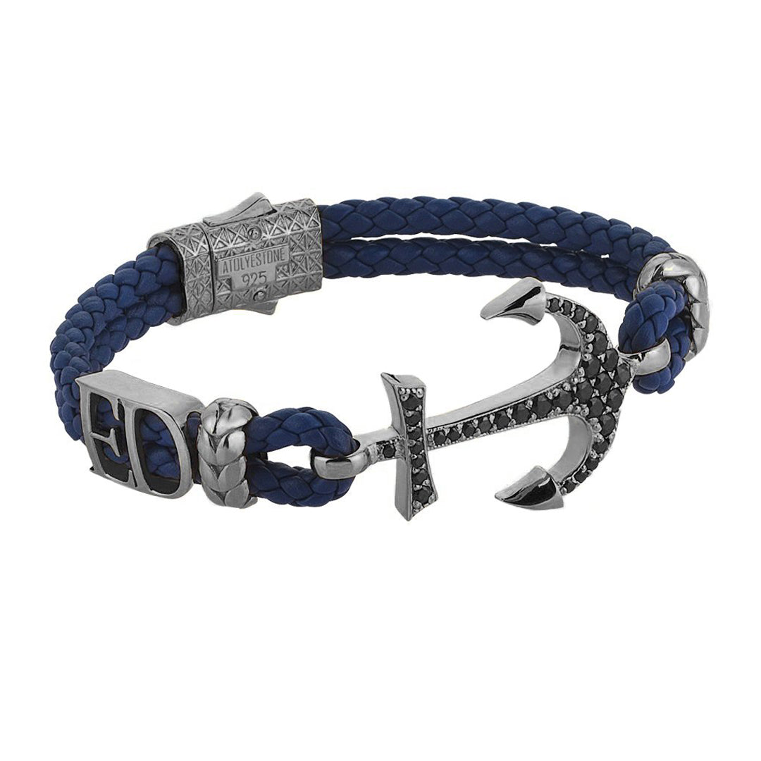 Statements Anchor Leather Bracelet - Gunmetal - Blue Leather