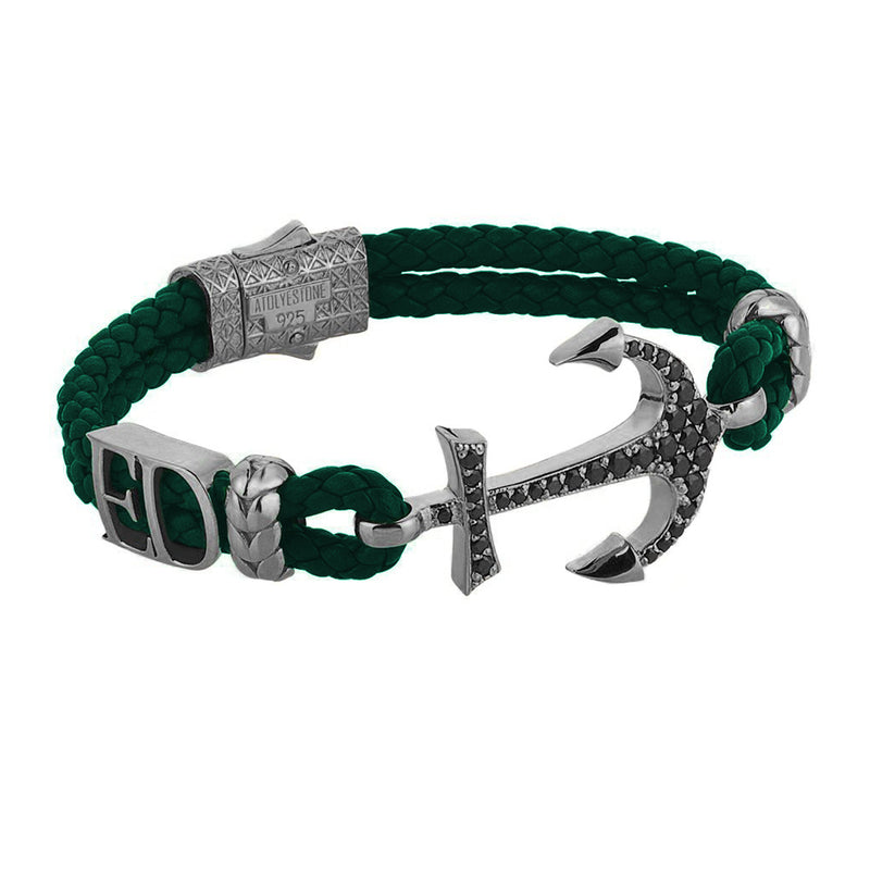 Statements Anchor Leather Bracelet - Gunmetal - Dark Green Leather