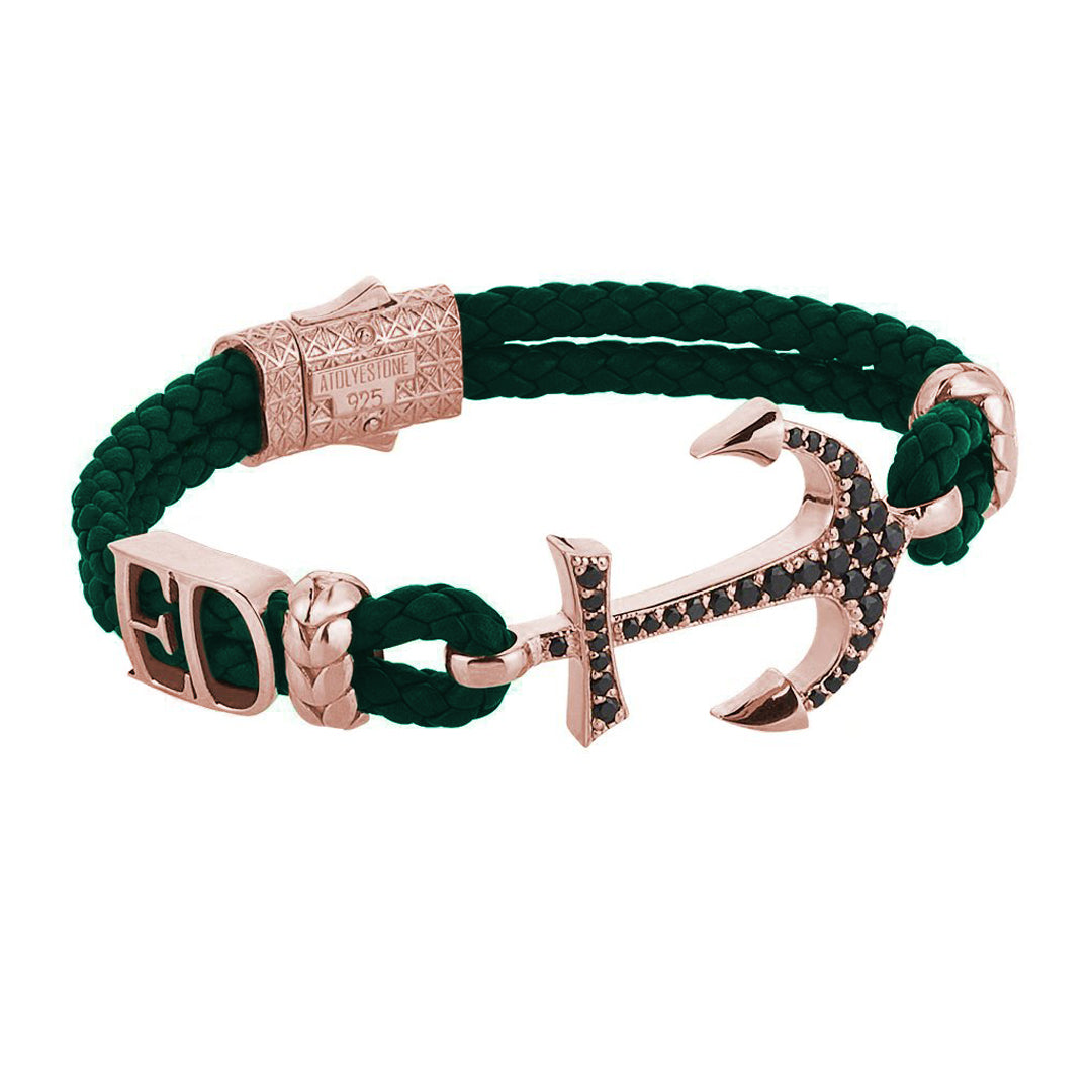 Statements Anchor Leather Bracelet - Rose Gold - Dark Green Leather
