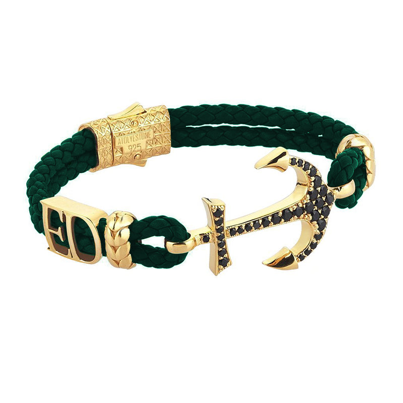 Statements Anchor Leather Bracelet - Yellow Gold - Dark Green Leather