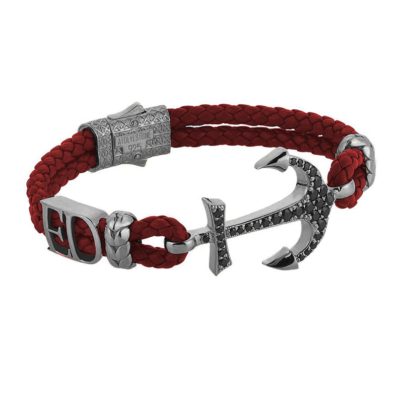 Statements Anchor Leather Bracelet - Gunmetal - Dark Red Leather
