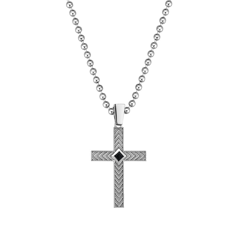 Men's Solid White Gold Cross Pendant with Black CZ