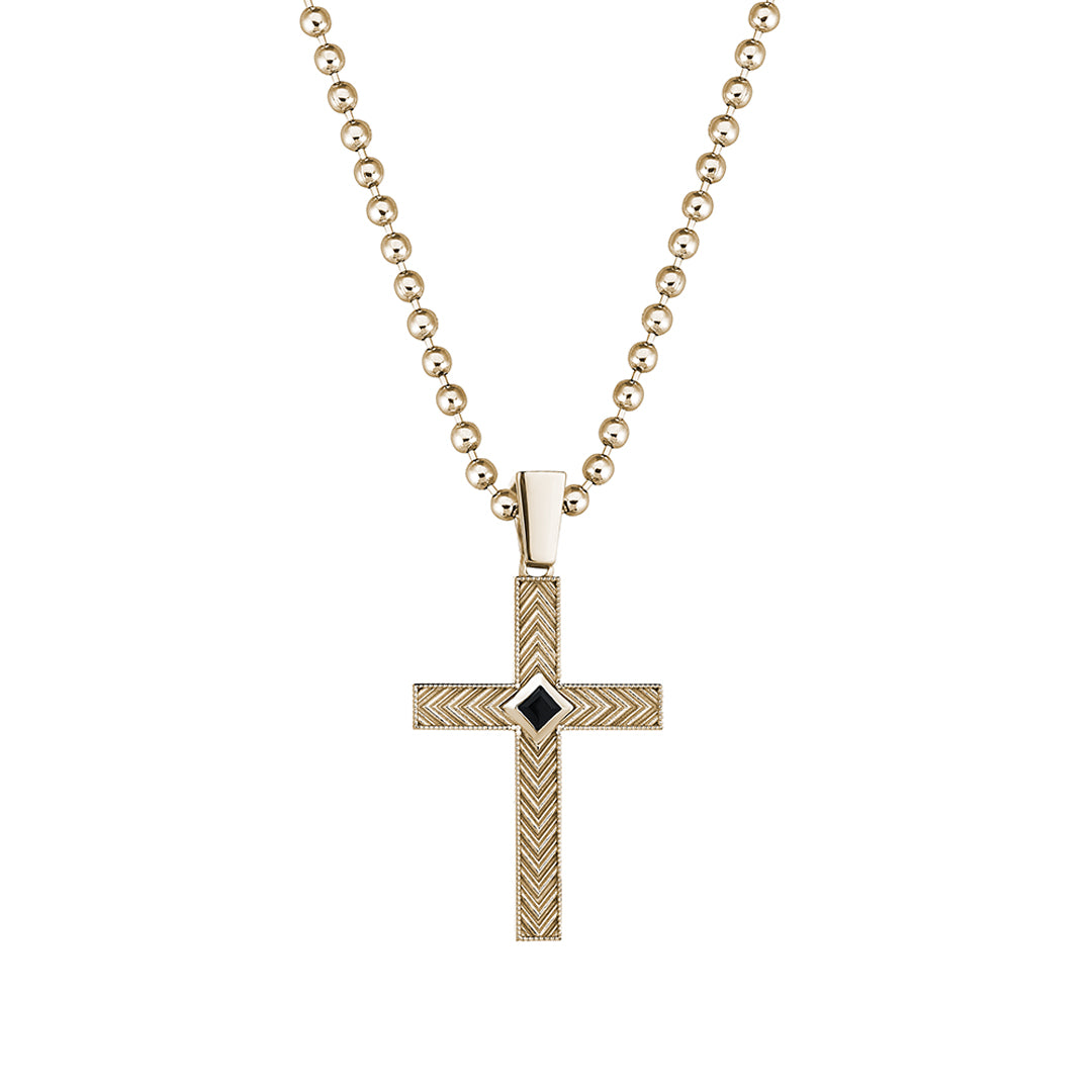Men's Real Yellow Gold Cross Pendant with Black CZ