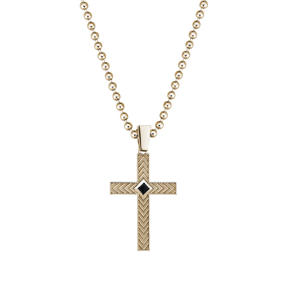 Men's Real Yellow Gold Cross Pendant with Black CZ