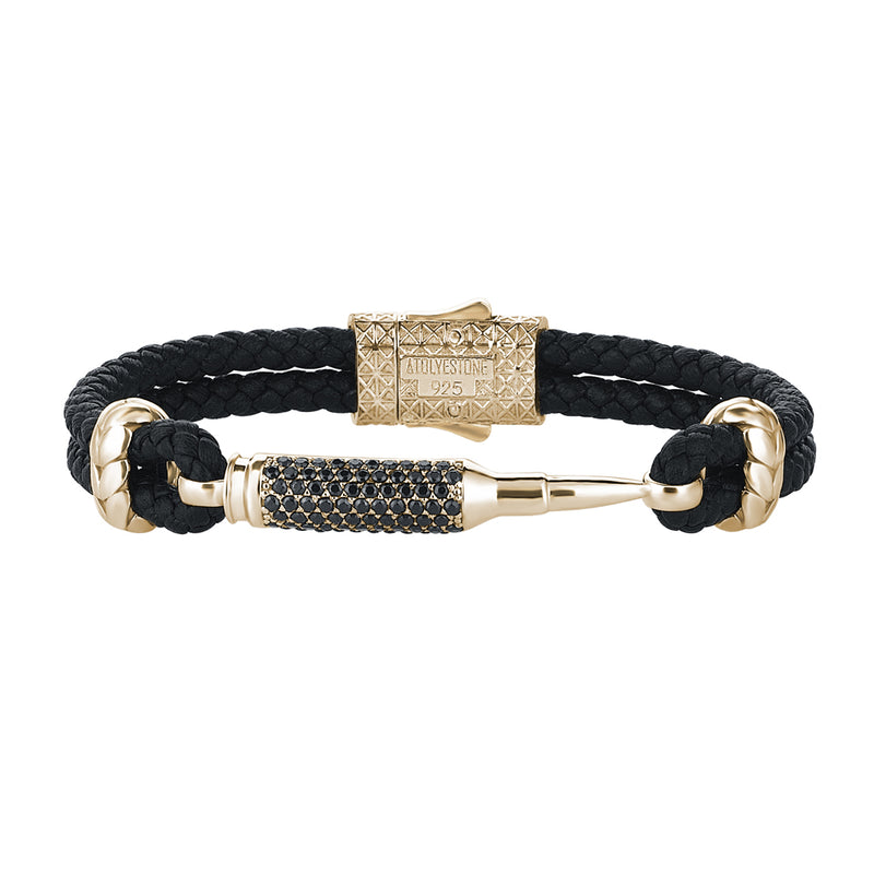 Men's Black Braided Leather Bracelet with Diamond Paved Bullet Design - Yellow Gold