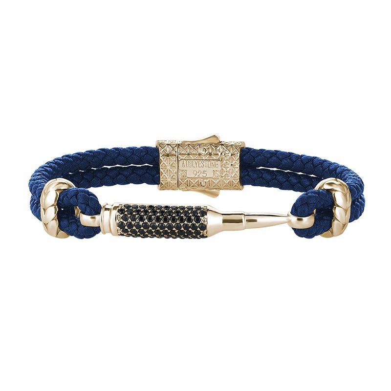 Men's Blue Braided Leather Bracelet with CZ Paved Bullet Design - Yellow Gold