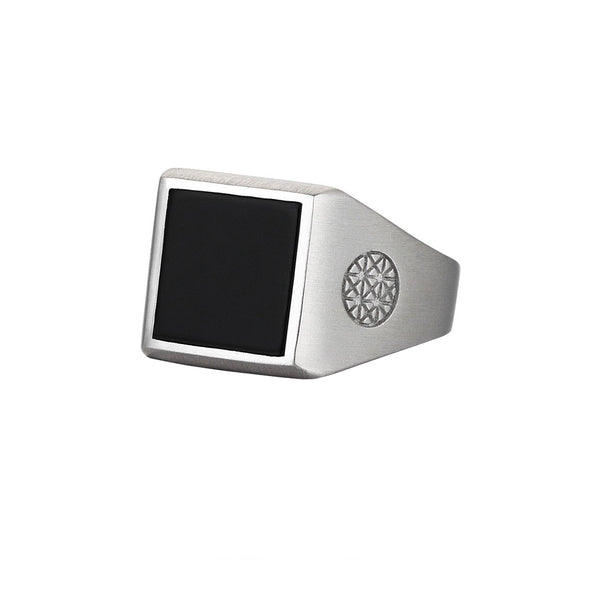 Brushed Square Onyx Ring - Solid Silver