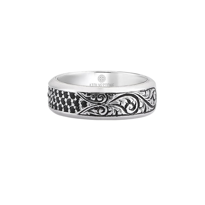 Mens Classic Pave Band Ring - Solid Silver