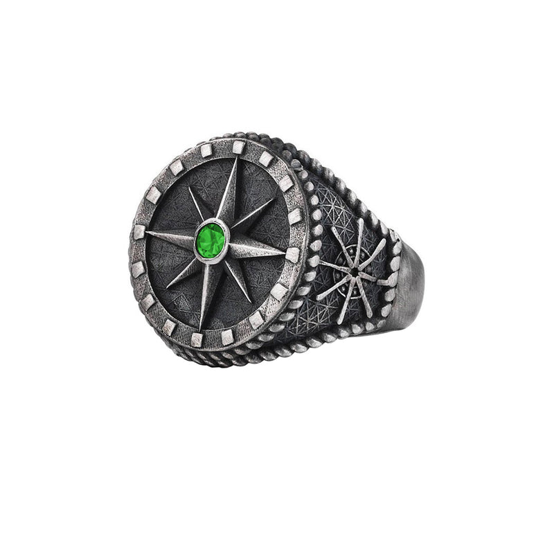 Compass Ring - Solid Silver - Aged Silver - Emerald
