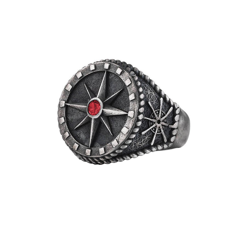 Compass Ring - Solid Silver - Aged Silver - Ruby