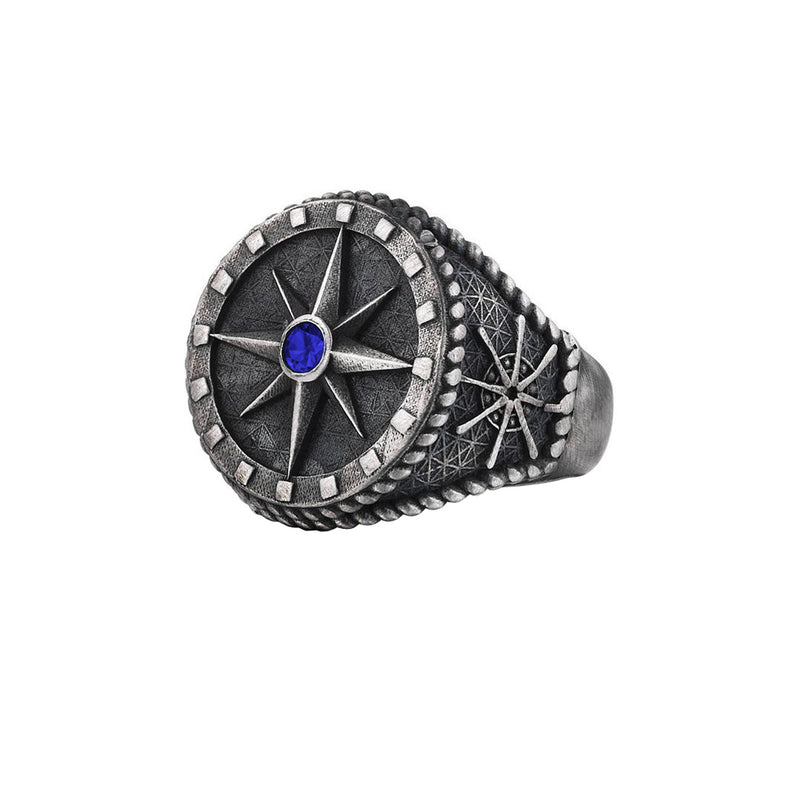 Compass Ring - Solid Silver - Aged Silver - Sapphire
