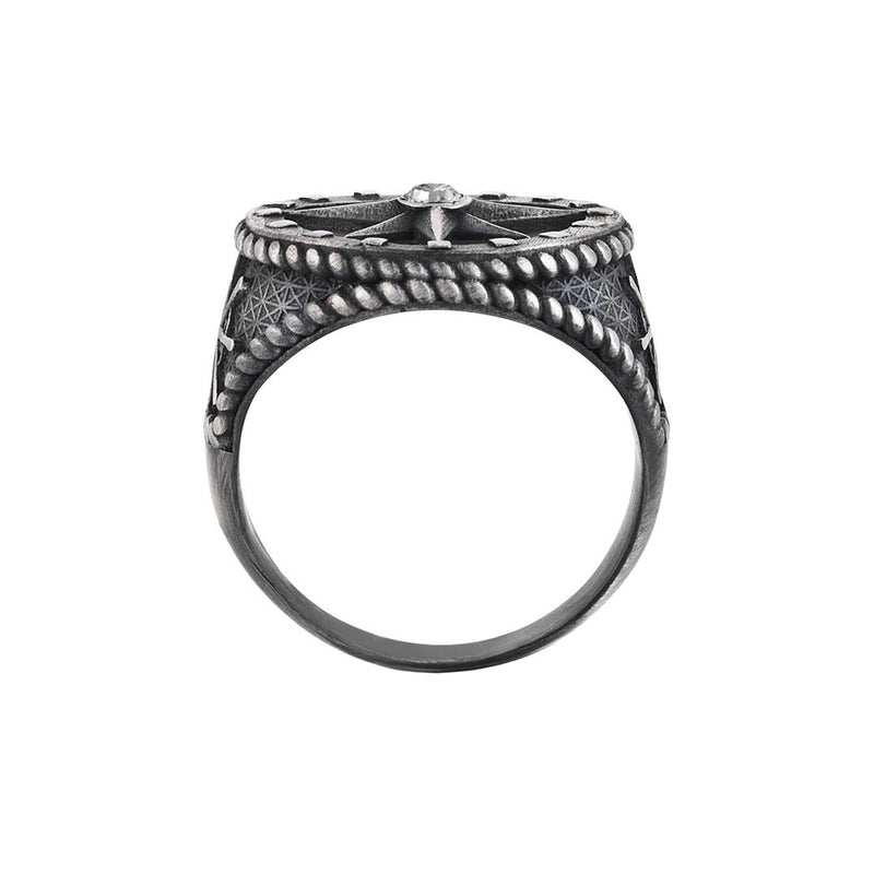 Mens Compass Ring - Aged Silver