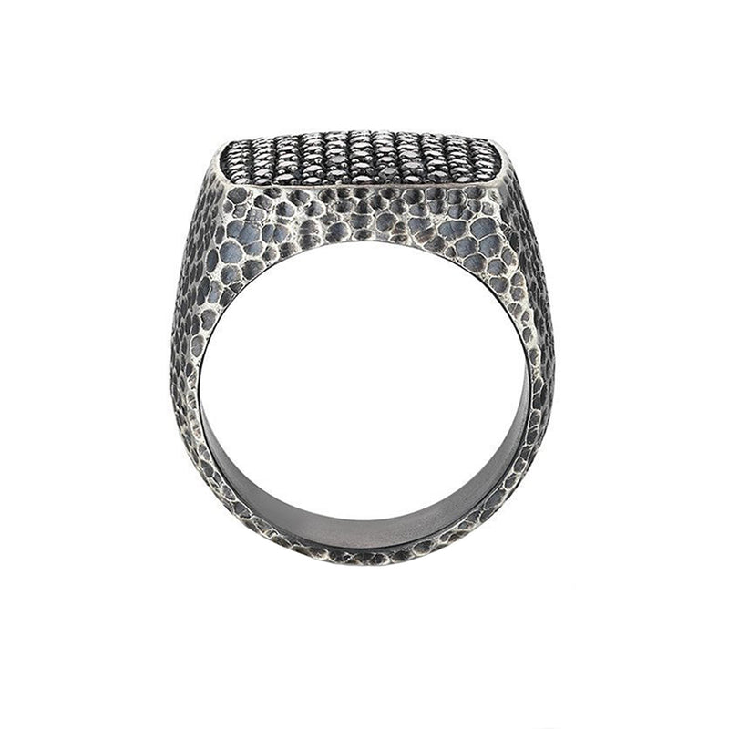 Hammered Cushion Pave Ring - Silver